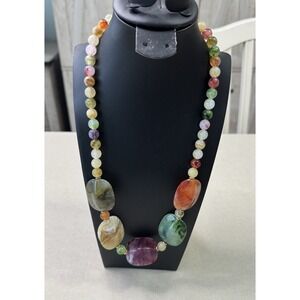 Boho Multicolor Stone Beaded Necklace Artisan Long Statement Natural Gemstone